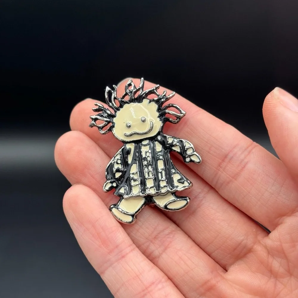 Vintage 1970s Black & White Enamel Wild Hair Art Girl Stripes Dress‎ Brooch Pin